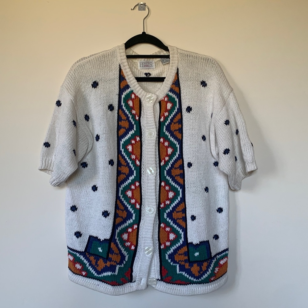 Vintage Unique Funky White Cardigan Short Sleeve Sweater Purple Roses Size Large